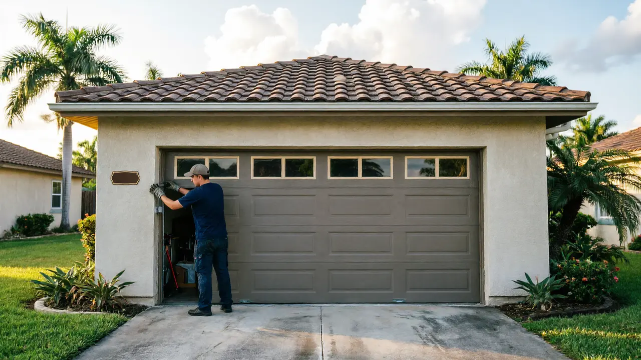 A technician works on the side of a closed brown garage door.