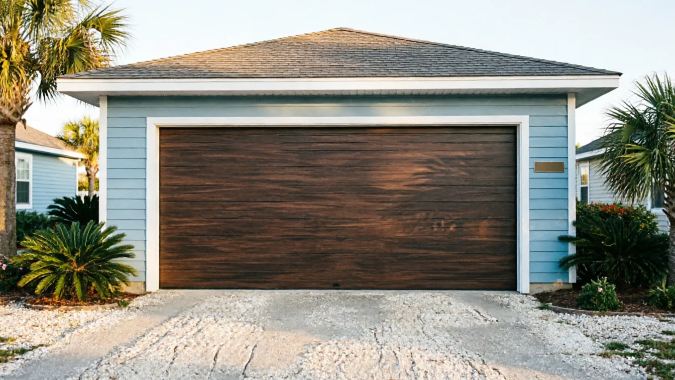 A brown wood-look garage door on a light blue house with palm trees.