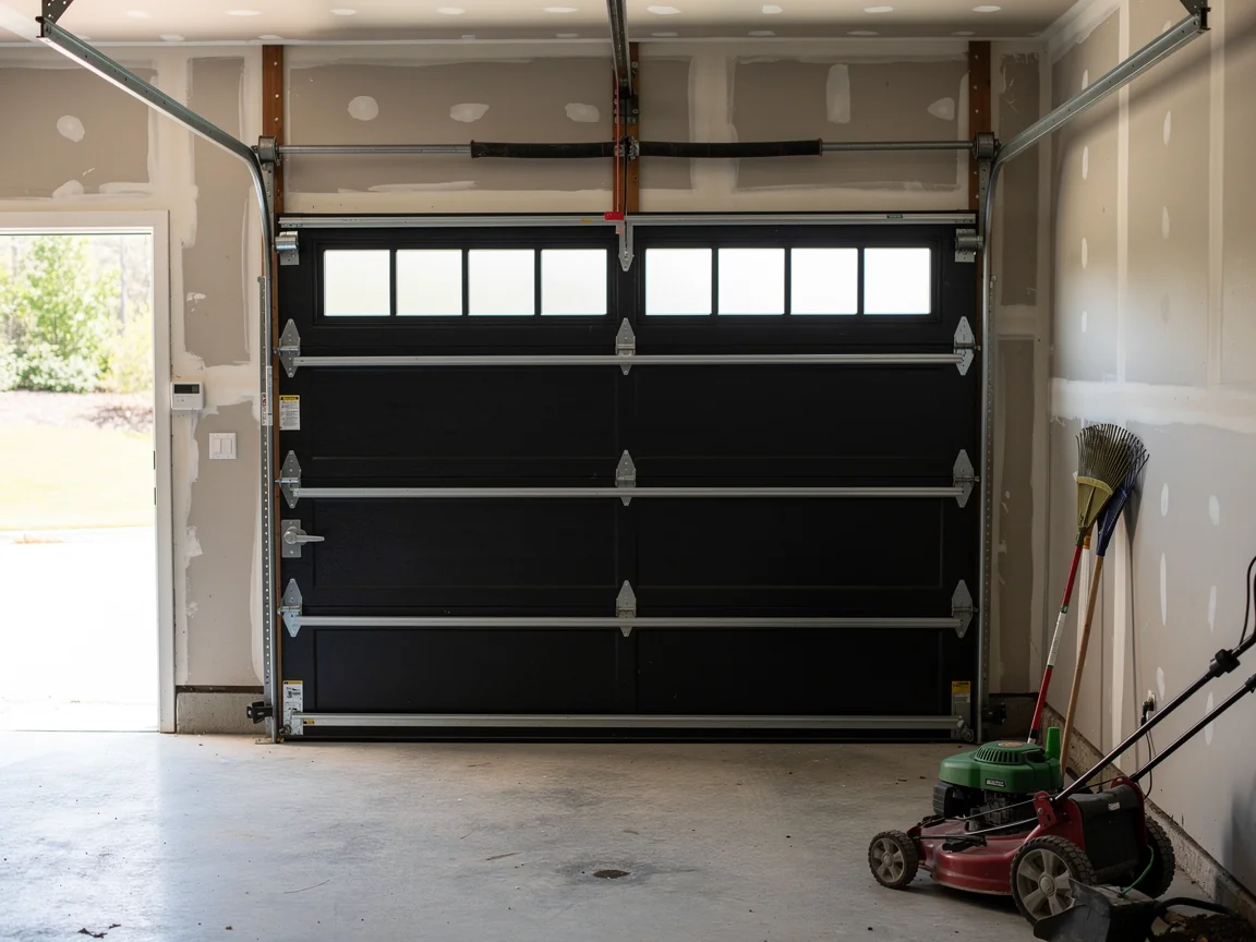 A black garage door with windows is closed inside a garage with unfinished walls.
