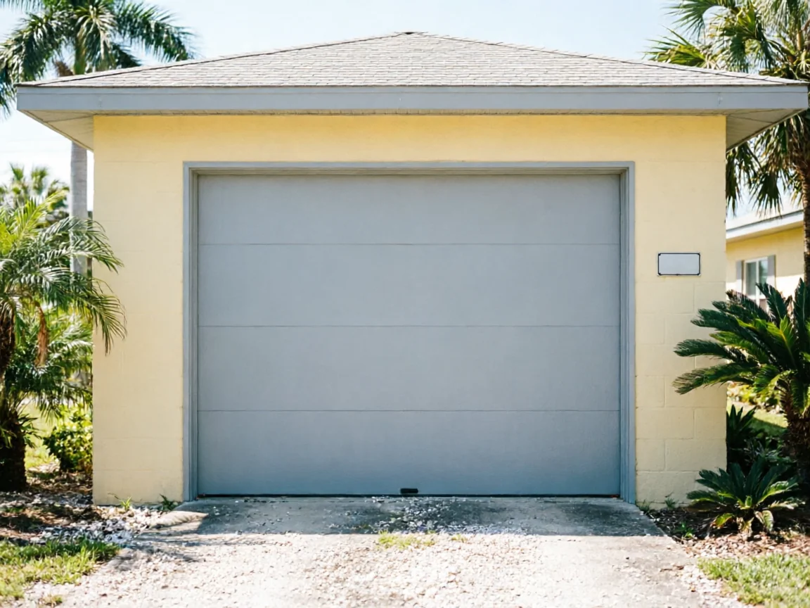 A light gray garage door on a yellow garage with palm trees.
