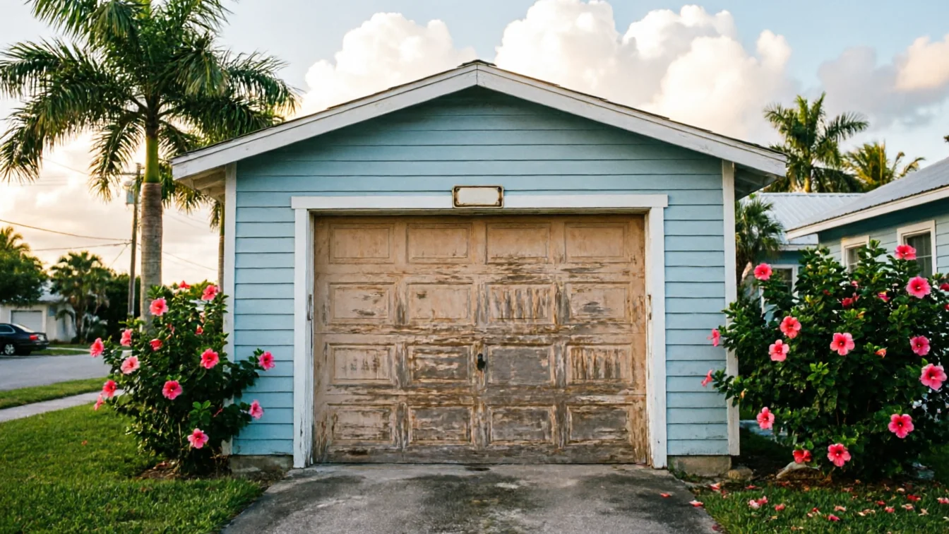 A light blue garage with a weathered wooden door and pink hibiscus bushes.